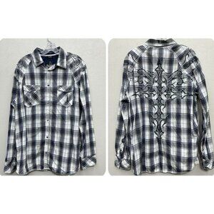 Buckle Roar Button Up Shirt Mens 2XL XXL Plaid Embroidered Long Sleeve Biker